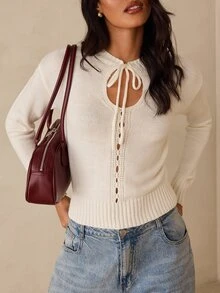 SHEIN Glamour كنزة نسائية بلون موحد كاجوال متعددة الاستخدامات يومية بأكمام طويلة - أبيض - مشاهدة 1