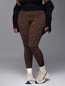 Voyena Women's Plus Size Leopard Print Fitted Athletic Leggings - Khaki - View 5