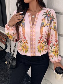 SHEIN VCAY 大尺碼花卉印花缺口V領女式襯衫 - 彩色 - 查看 5