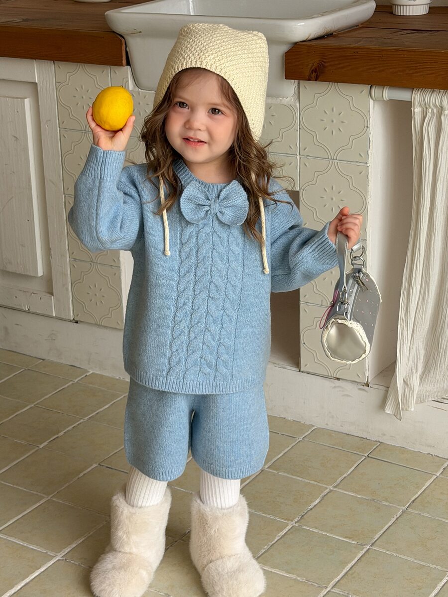 DAZY Baby Girl Bow Decor Long Sleeve Cable Knit Sweater And Knitted Shorts Casual Set - Blue - View 1