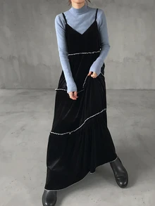 FRIFUL Gaun Pesta Kasual Wanita dengan Motif Blok Warna dan Tali Bahu Tipis - Hitam - View 7