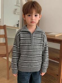 Hapijoa 小男孩條紋休閒百搭日常穿著長袖針織衫 - 深灰色 - 查看 5