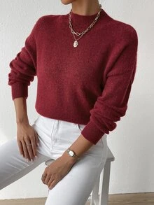 Sprig & Strand 聖誕秋冬節日新款休閒純色落肩立領毛衣，秋冬新年穿搭，可單穿或搭配外套，適合多種場合與季節的百搭款 - 酒紅色 - 查看 1