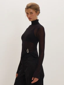 MUSEYN Black Sheer Knit Long Sleeve Silver Trim Detail Top Versatile Everyday Date Night Chic New Season Fall - Black - View 3