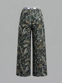 SHEIN 青少年女孩秋季時尚街頭風樹枝迷彩印花針織中低腰長褲 - 彩色 - 查看 5