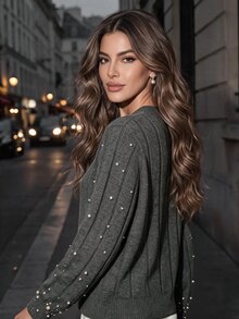 Anewsta Women's Gray Twisted Rope & Bead Embroidered Long Sleeve Sweater - Grey - View 2