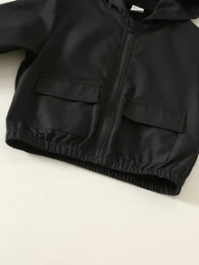 SHEIN 男嬰秋冬純色百搭舒適連帽長袖黑色夾克外套 嬰兒連帽夾克 - 彩色 - 查看 6