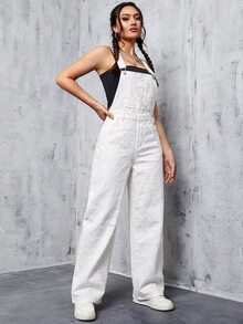 SHEIN EZwear 女款休閒牛仔連身褲，附口袋，適合日常穿著 - 白色 - 查看 7