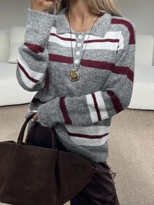 DAZY 女款寬鬆條紋套頭休閒毛衣 冬季 - 灰色 - 查看 6