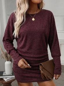 SHEIN LUNE Plus Size Women's Solid Color Casual Everyday Summer Dress Fall - Burgundy - View 4