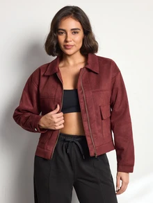 Easithlete Easithlete Women's Fashion Jacket, Faux Suede, Daily Commute Versatile Style, Large Pockets & Lapel Design - Burgundy - View 3