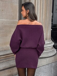 Aloruh Women's Autumn/Winter Solid Color Asymmetrical Shoulder Long Sleeve Elegant Knit Dress - Dark Grey - View 2