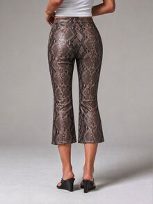 Athîral Women's Slim Fit Brown Checkered Capri Pants,PU Finish,Low Rise,Flared Hem,Snake Print,Summer,90s Revival Freaky,Punk Street,Daily Everyday Night - Khaki - View 2