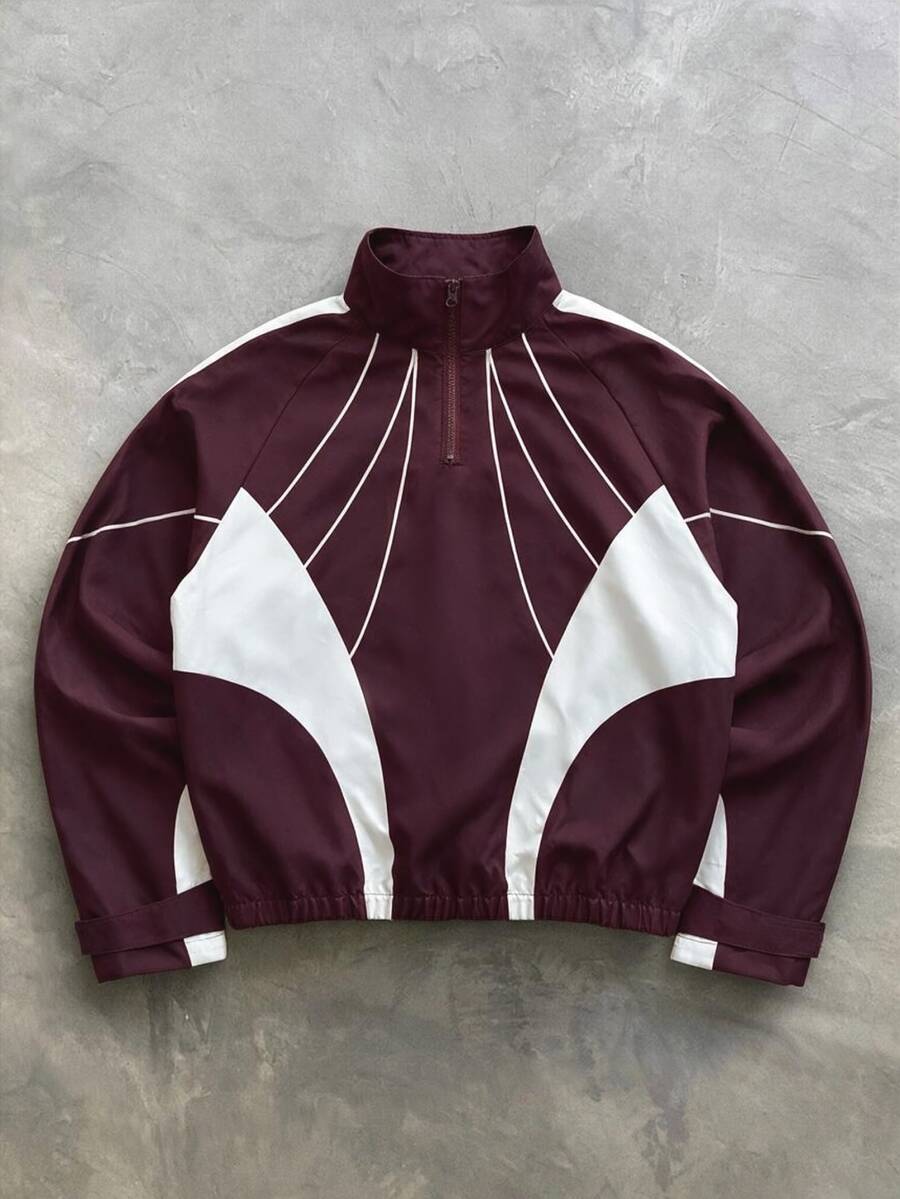 Manfinity Hypemode Men's Colorblock Long Sleeve Half-Zip Loose Casual Streetwear Jacket Vacation Sports White And Burgundy Fall - Multicolor - View 1