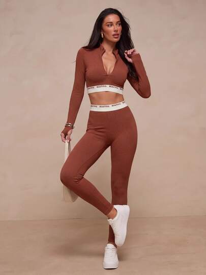Glamine Women's Autumn Sports Set: Deep V-Neck Zipper Decor Cropped Top + High-Waisted White Elastic Contrast Color Slim Fit Leggings, Yoga High-Stretch Material To Highlight Curves, Suitable For Yoga, Running, Fitness Wear