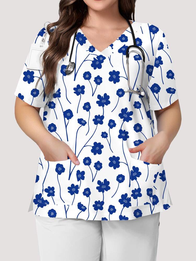 PopScrub Jaket Seragam Medis Motif Bunga Sederhana Berwarna Biru Muda dengan Dasar Putih Gading, Jaket Seragam Medis Wanita Model Musim Gugur/Panas, Kerah V, Lengan Pendek, Desain Dua Saku, Belahan Samping, Atasan Seragam Medis yang Lucu, Atasan Seragam Medis - MultiWarna - View 1