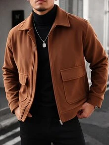 Manfinity Homme 男士成熟休閒純色棕色羊毛短夾克，節日禮物首選 - 棕色 - 查看 5