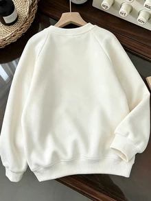 INAWLY Women's Raglan Long Sleeve Minimalist Casual Double-Sided Fleece Sweatshirt - White - View 2