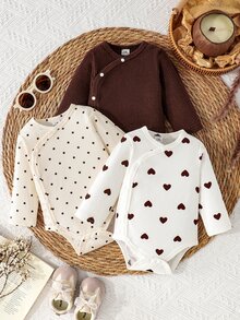 SHEIN Playful Pals 新生兒側扣全開式易穿脫軟羅紋布料簡約愛心波點滿版印花百搭長袖連身衣 - 彩色 - 查看 1