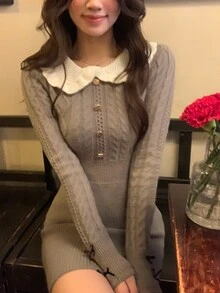 DAZY Women's Solid Color Long Sleeve Autumn/Winter Sweater Dress - Grey - View 1
