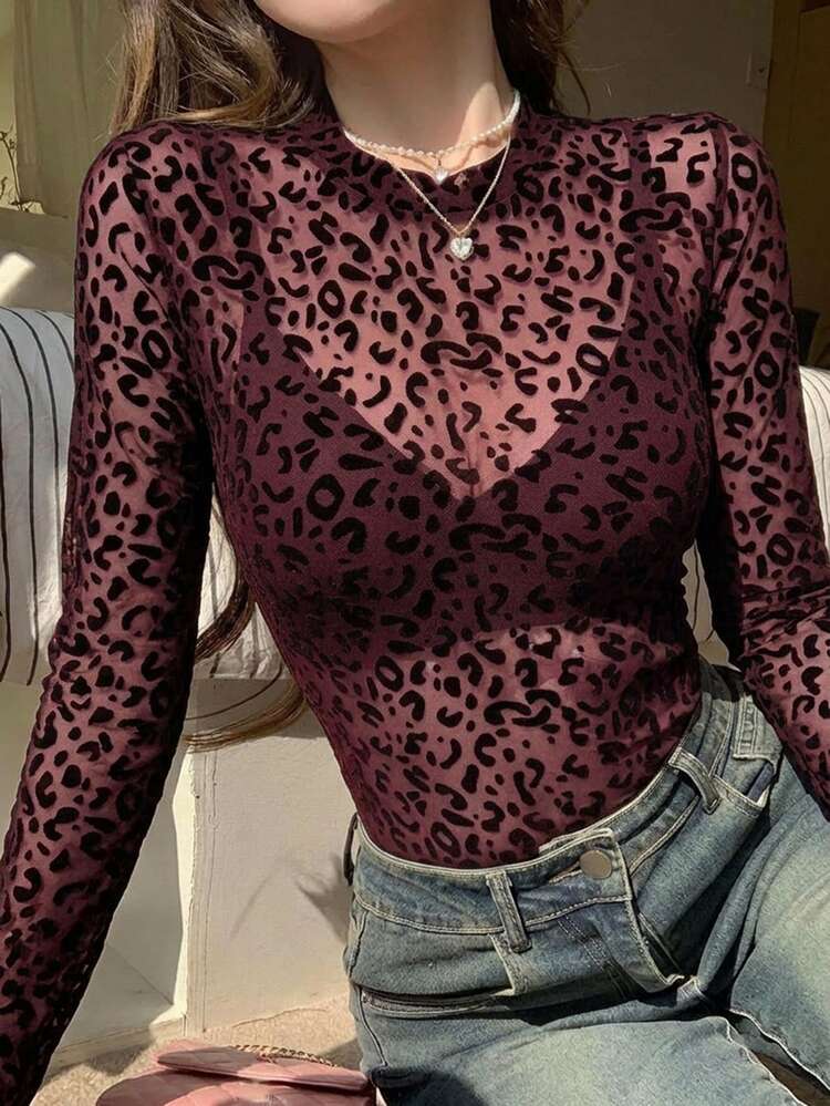 Joudiya Spring/Summer Leopard Print Burgundy Lace Blouse, Slim Fit Elegant Sheer Mesh Long Sleeve Top For Wedding, Banquet, Party, Commute, Women - Burgundy - View 4