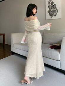 Feyla New French Design Lace Patchwork Square Neck 2-In-1 Effect Bodycon Mermaid Tail Elegant Evening Dress - Apricot - View 6