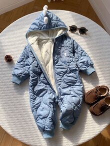 SHEIN 男女通用新生兒嬰兒/幼兒秋冬保暖內裡加厚可愛藍色恐龍連帽連身衣，男嬰冬季連身衣/吊帶褲/雪衣 - 藍色 - 查看 1