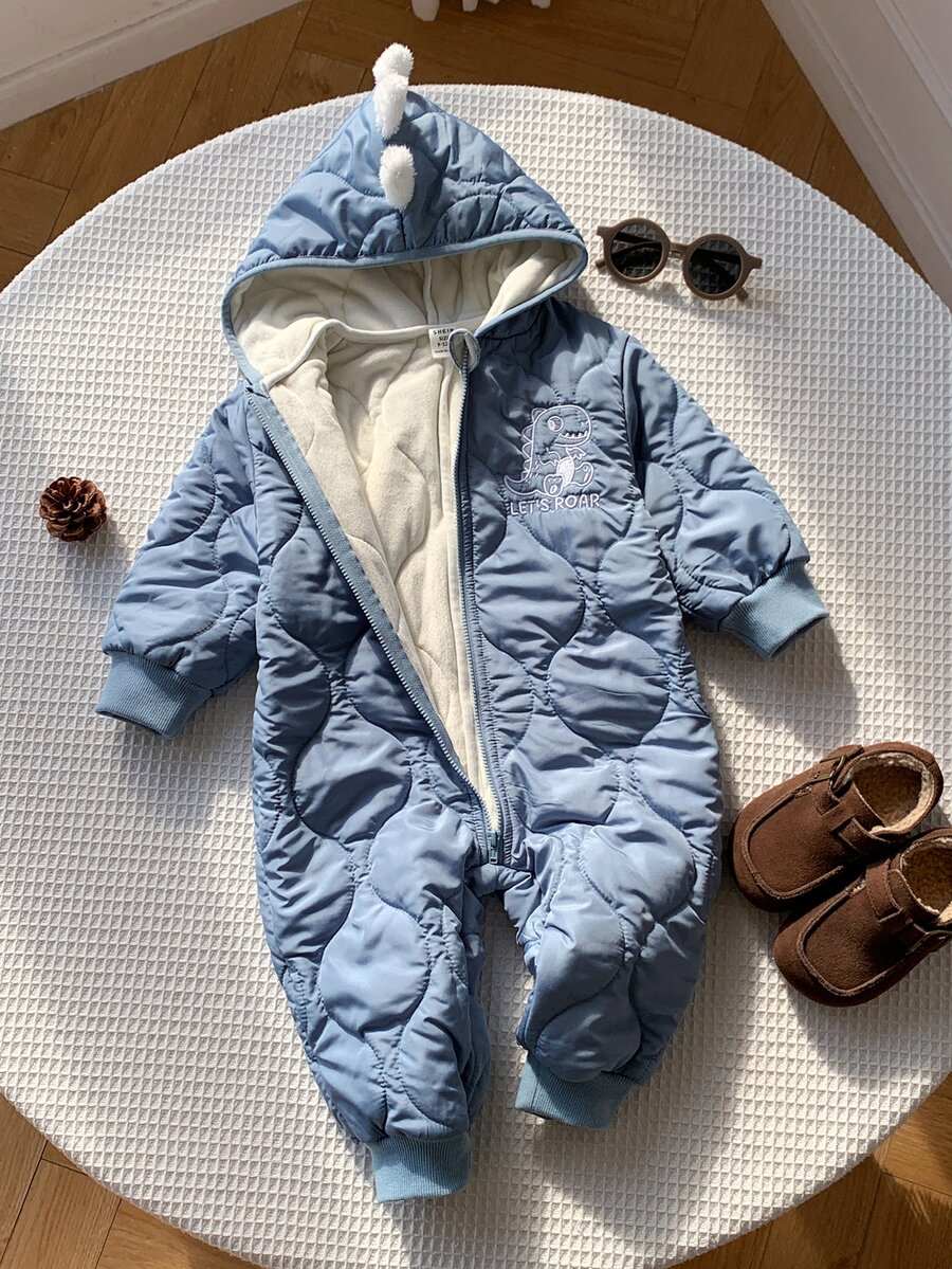 SHEIN 男女通用新生兒嬰兒/幼兒秋冬保暖內裡加厚可愛藍色恐龍連帽連身衣,男嬰冬季連身衣/吊帶褲/雪衣 - 藍色 - 查看 1