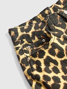 ROMWE Hippie Vintage Leopard Print Y2K Fitted Denim Mid-Length Pants - Brown - View 3