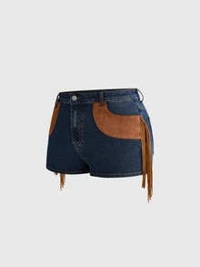 ROMWE Hippie Western Cowboy Suede Patchwork Fringe Distressed Vintage Denim Skinny Women's Denim Shorts Plus Size - Multicolor - View 6