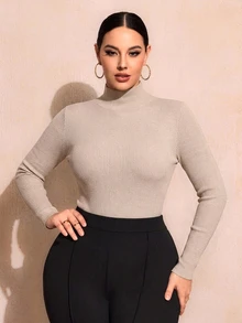 SHEIN SXY 大尺碼女款卡其色高領修身T恤，休閒極簡風，適合春秋穿著 - 杏色 - 查看 6