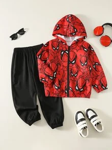 SHEIN 2pcs/Set Kids Young Boy Autumn/Winter Casual Jacket And Pants Set, Jacket Set, Boys Set, Autumn/Winter Set, Sports Set, Red Set - Multicolor - View 3