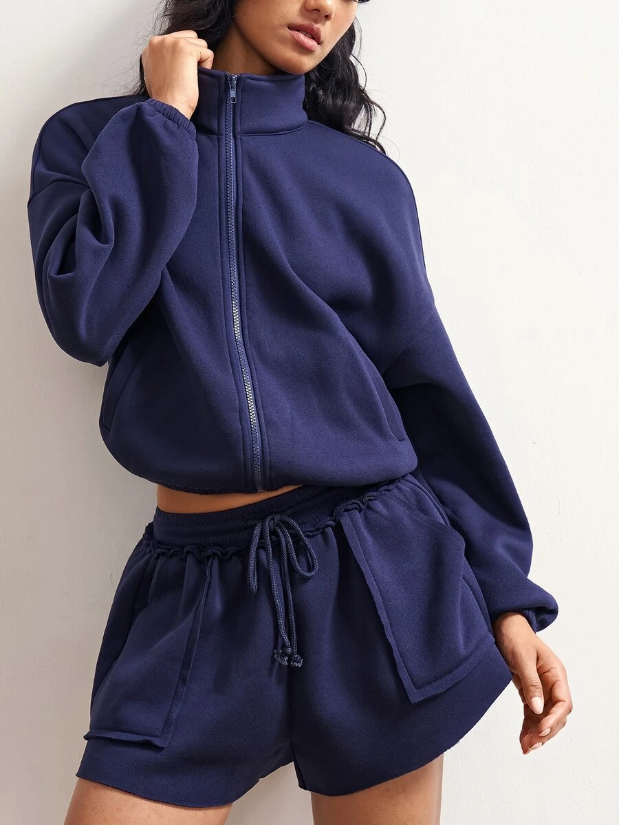 Bohemela Women's Solid Color Zip-Up Long Sleeve Top And Shorts Casual 2 Pieces Set - Navy Blue - View 1