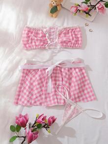 Spicy Aura Sexy Sweet Cute Plaid Lace-Up Contrast Color Maid Lingerie Set 4pcs Red & White - Pink - View 2