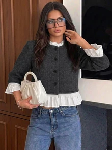 Cévolie Women's Winter New Fashionable Elegant Round Neck 3/4 Sleeve Patchwork Knit Cardigan, Sweet Preppy Style With Ruffle Trim - Grey - View 1