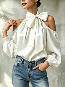 INAWLY French Style Satin Bow Cold Shoulder Tie Blouse - White - View 4