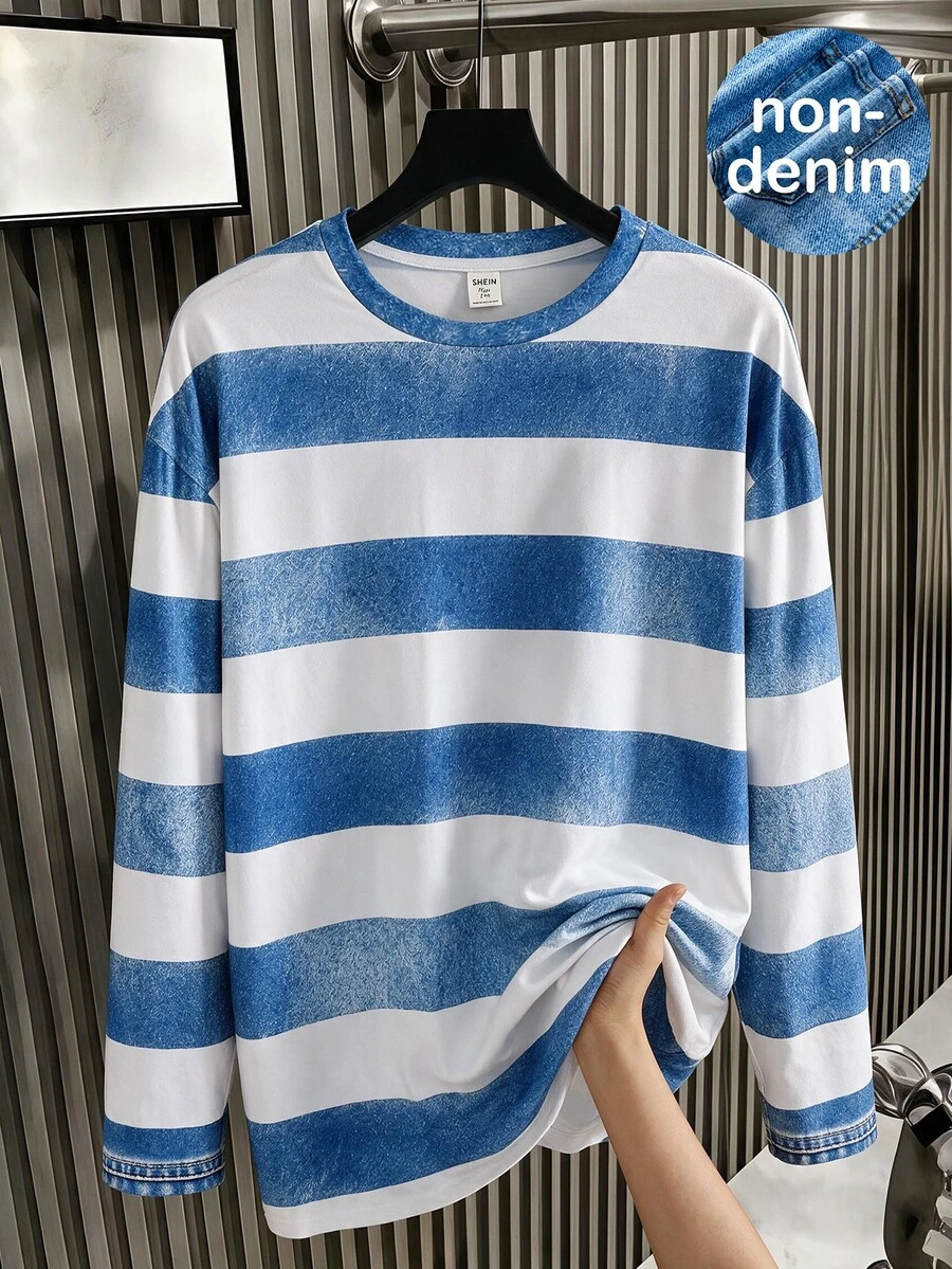 SHEIN Teen Boy Denim Effect Striped Print Crew Neck Long Sleeve Casual T-Shirt - Multicolor - View 1