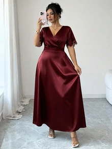 Juhart 大尺碼女款 V 領蕾絲拼接休閒派對洋裝 - 酒紅色 - 查看 4