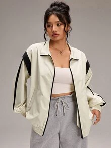 EMERY ROSE Plus Size Women's Colorblock Long Sleeve Zip-Up Casual Jacket - Beige - View 2