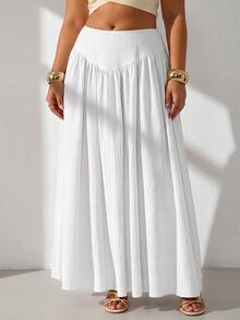 GalTyme Plus Size Minimalist Pleated Loose Long Skirt For Beach Vacation Fall - White - View 4