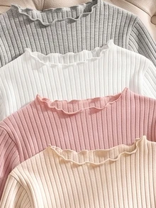 4Pcs Girls Autumn/Winter Cotton Ribbed Solid Color Ruffle Long Sleeve Tops, Cute T-Shirt Undershirts Spring/Autumn, Versatile Fashion Tops Suitable For School, Vacation, Daily Wear - Multicolor - View 3