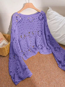 CosyJoli Plus Size Solid Color Hollow Knit Sweater Fall - Purple - View 7