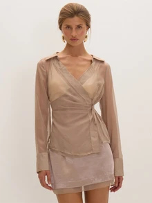 MUSEYN Beige Organza Sheer Tie Shirt Versatile Lounge Everyday Date Night Chic New Season Fall - Khaki - View 1