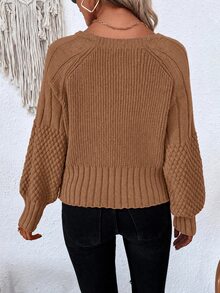 EMERY ROSE Raglan Sleeve Textured Knit Cardigan,Long Sleeve Tops Fall Winter Cloth For Women - Rust Brown - View 2
