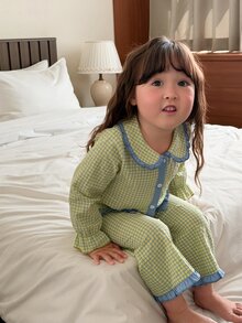 DAZY Infant/Toddler (Girl) Plaid Korean Style Long Sleeve Comfortable 2 Pieces Loungewear Set - Green - View 8