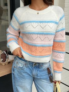 Dulcita Women's Colorblock Round Neck Raglan Long Sleeve Casual Sweater - Multicolor - View 5