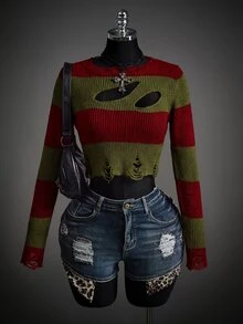 SHEIN ICON Fall Women's Autumn Halloween Red And Black Goth Devil Girl Fashion Colorblock Striped Distressed Sweater - Multicolor - View 2