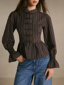 Poéselle Women's Striped Button-Front Long Sleeve Elegant Blouse - Brown - View 7