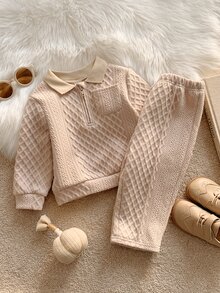 SHEIN 男女嬰兒/幼兒 2件組秋冬加厚紋理布料 POLO 套裝，衛衣套裝，嬰兒冬季服飾，聖誕 - 杏色 - 查看 8