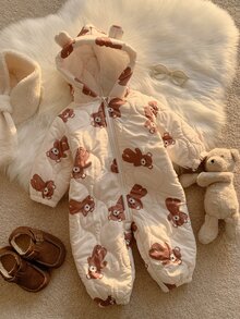 SHEIN 中性新生兒嬰兒男/女童、幼兒秋冬保暖內裡加厚可愛熊造型連帽連身衣、嬰兒冬季連身衣、雪衣、吊帶褲 - 杏色 - 查看 8